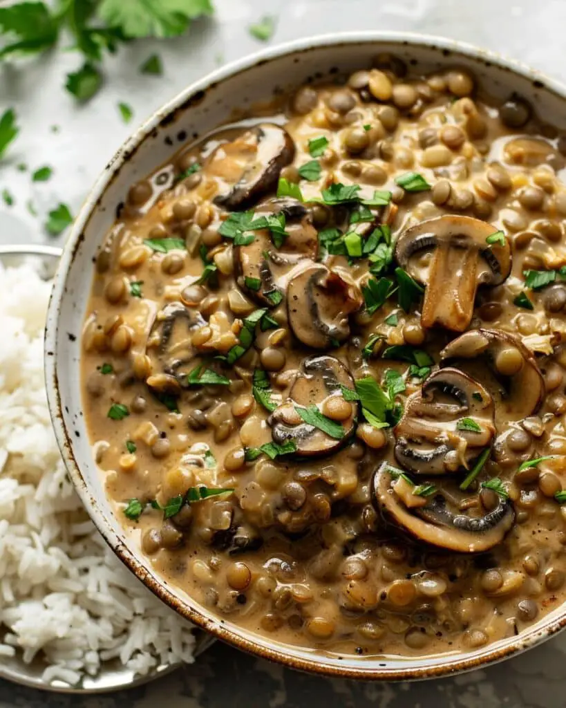 Cozy Lentil Mushroom Stroganoff