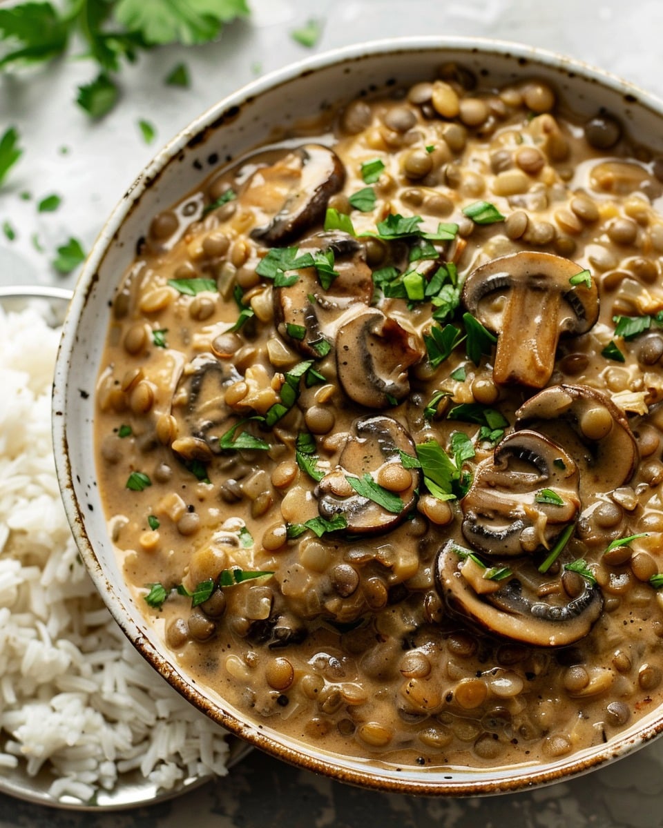 Cozy Lentil Mushroom Stroganoff