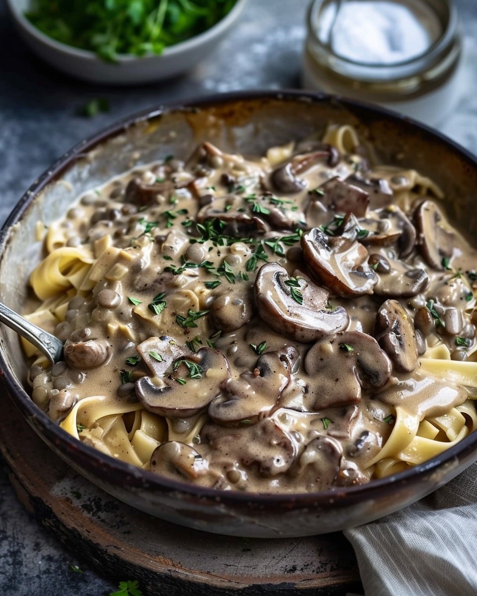 Cozy Lentil Mushroom Stroganoff