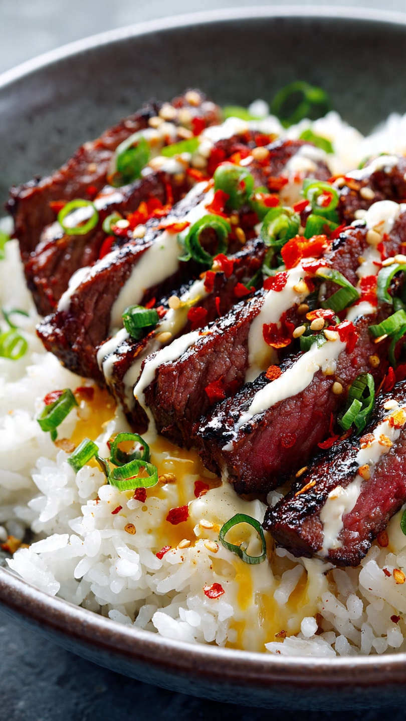 Korean BBQ Steak Rice Bowls with Spicy Cream Sauce