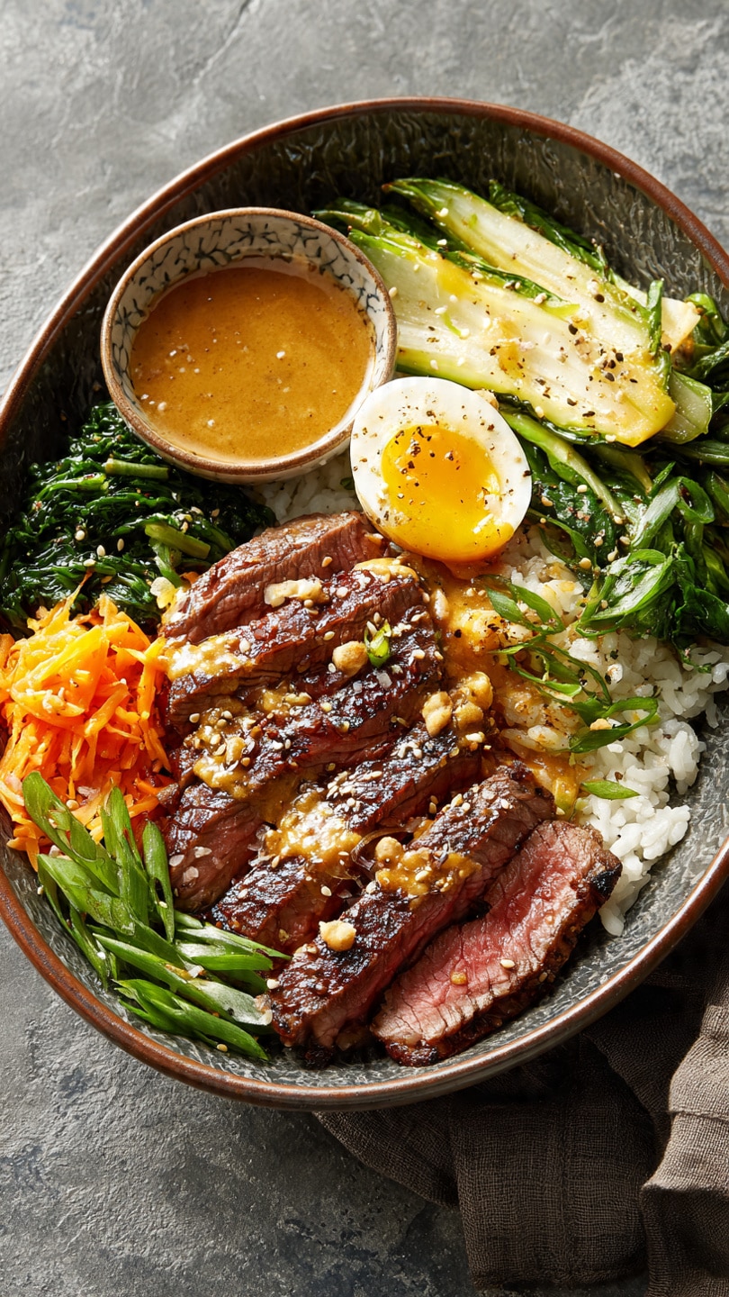 Korean BBQ Steak Rice Bowls with Spicy Cream Sauce