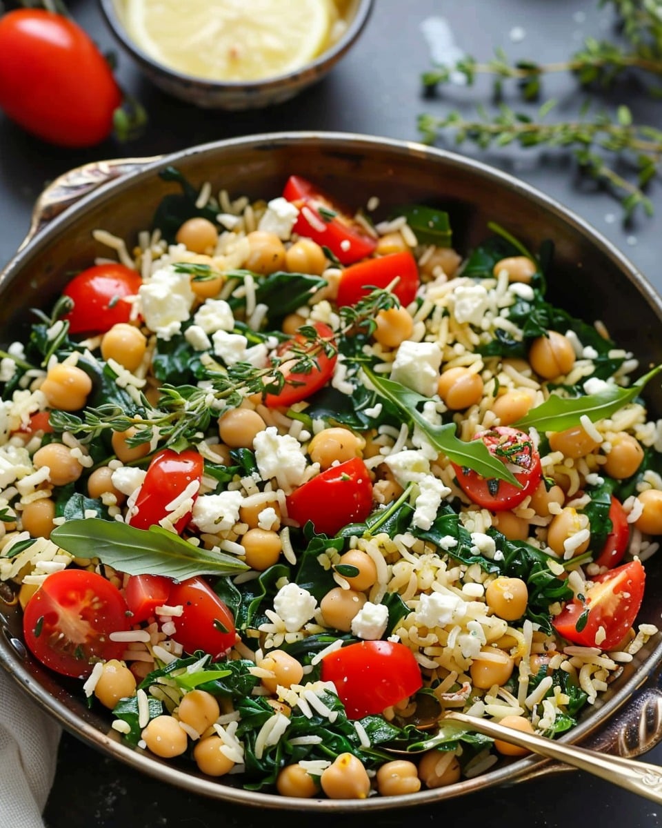 Mediterranean Lemon Rice with Chickpeas, Spinach, Tomatoes, and Feta