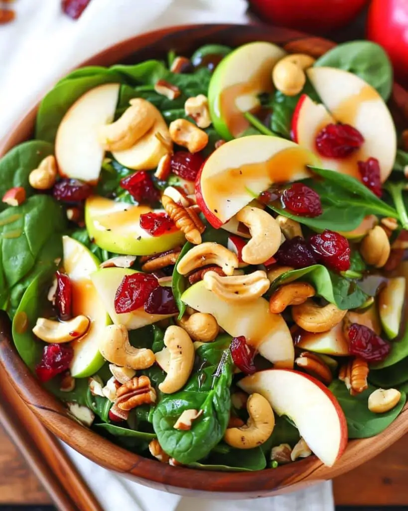 Apple Cranberry Spinach Salad with Cashews and Balsamic Vinaigrette