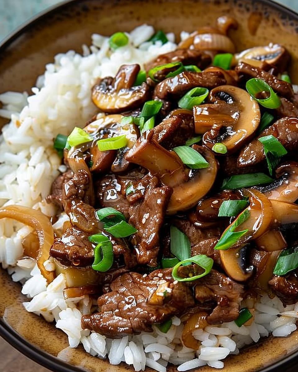 Beef, Onion & Mushroom Stir-Fry Over Rice