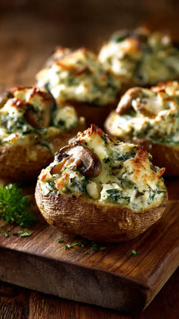 Cheesy Twice-Baked Stuffed Potatoes With Spinach & Mushrooms