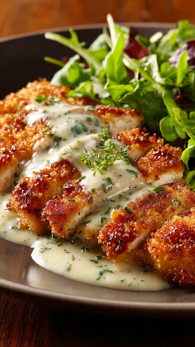 Crispy Parmesan Chicken with Creamy Garlic Sauce