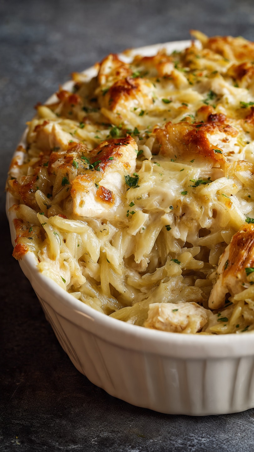 French Onion Chicken Orzo Casserole