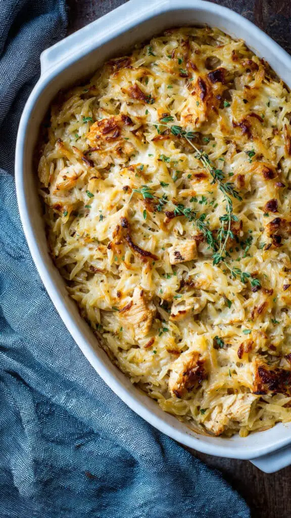 French Onion Chicken Orzo Casserole