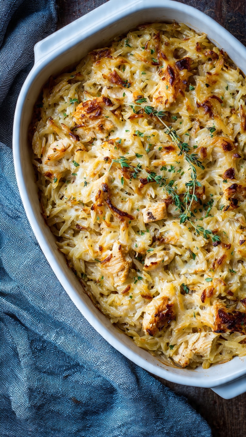 French Onion Chicken Orzo Casserole