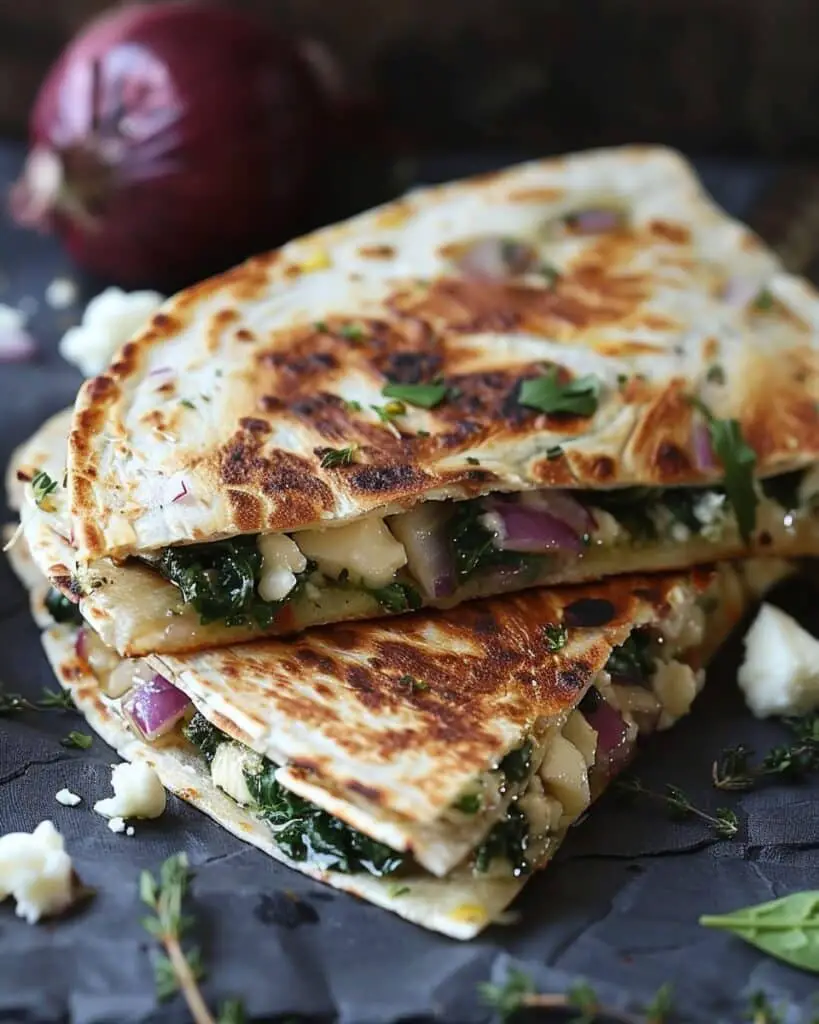Mediterranean Quesadillas with Spinach, Feta, Mozzarella, and Red Onion