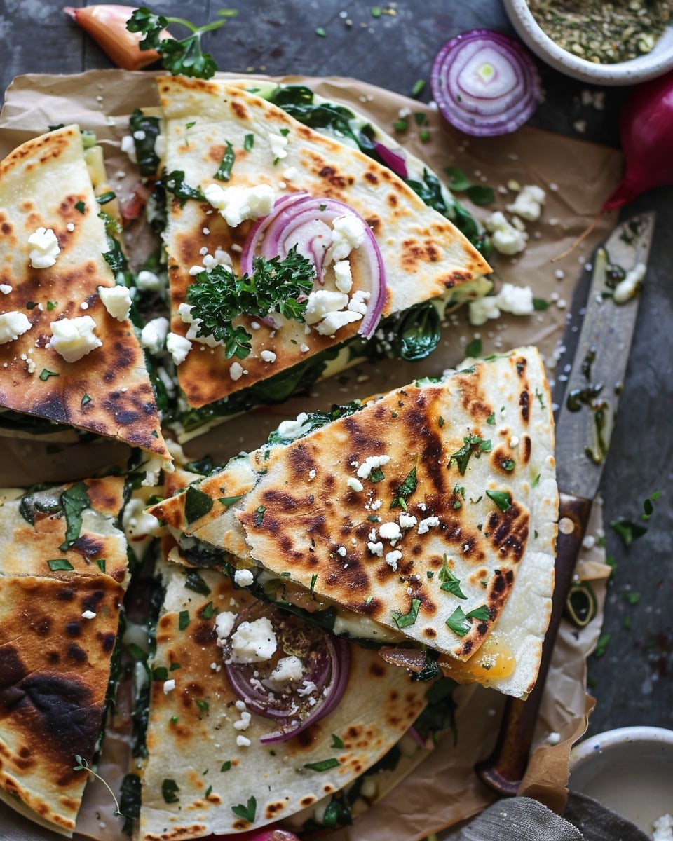 Mediterranean Quesadillas with Spinach, Feta, Mozzarella, and Red Onion