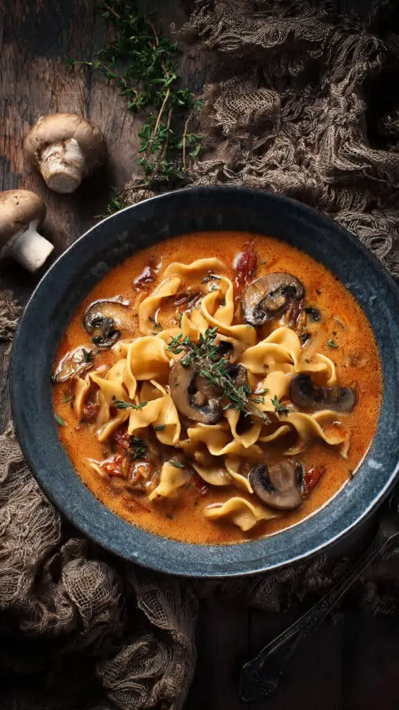 Creamy Sun-Dried Tomato and Mushroom Pasta Soup