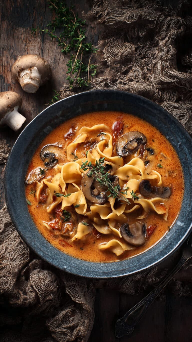 Creamy Sun-Dried Tomato and Mushroom Pasta Soup