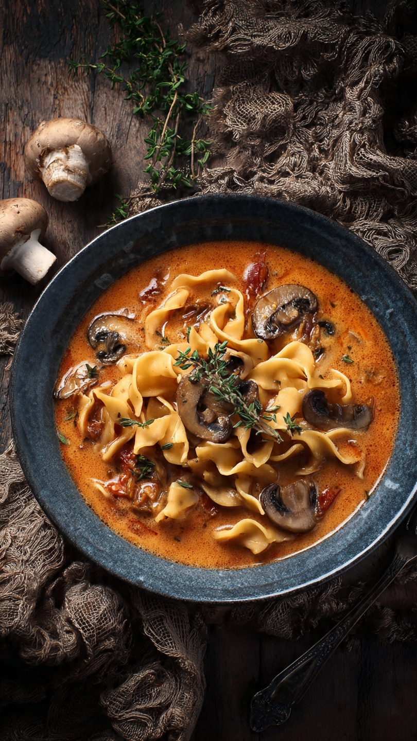 Creamy Sun-Dried Tomato and Mushroom Pasta Soup