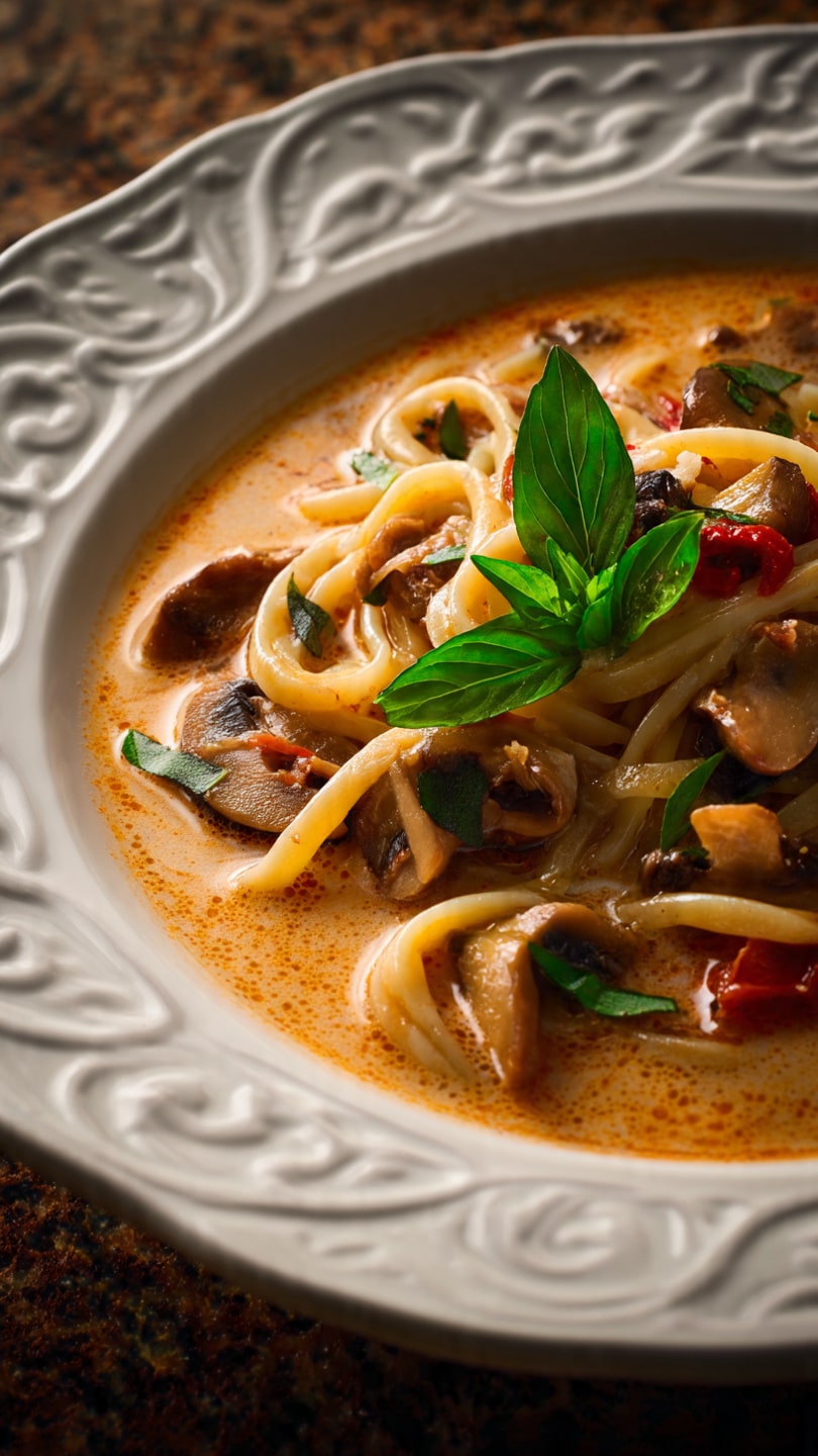 Creamy Sun-Dried Tomato and Mushroom Pasta Soup