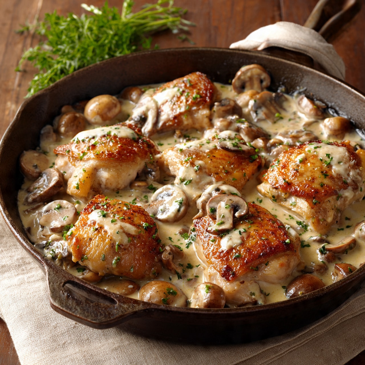 Chicken and Mushroom Skillet in a Creamy Asiago and Mustard Sauce