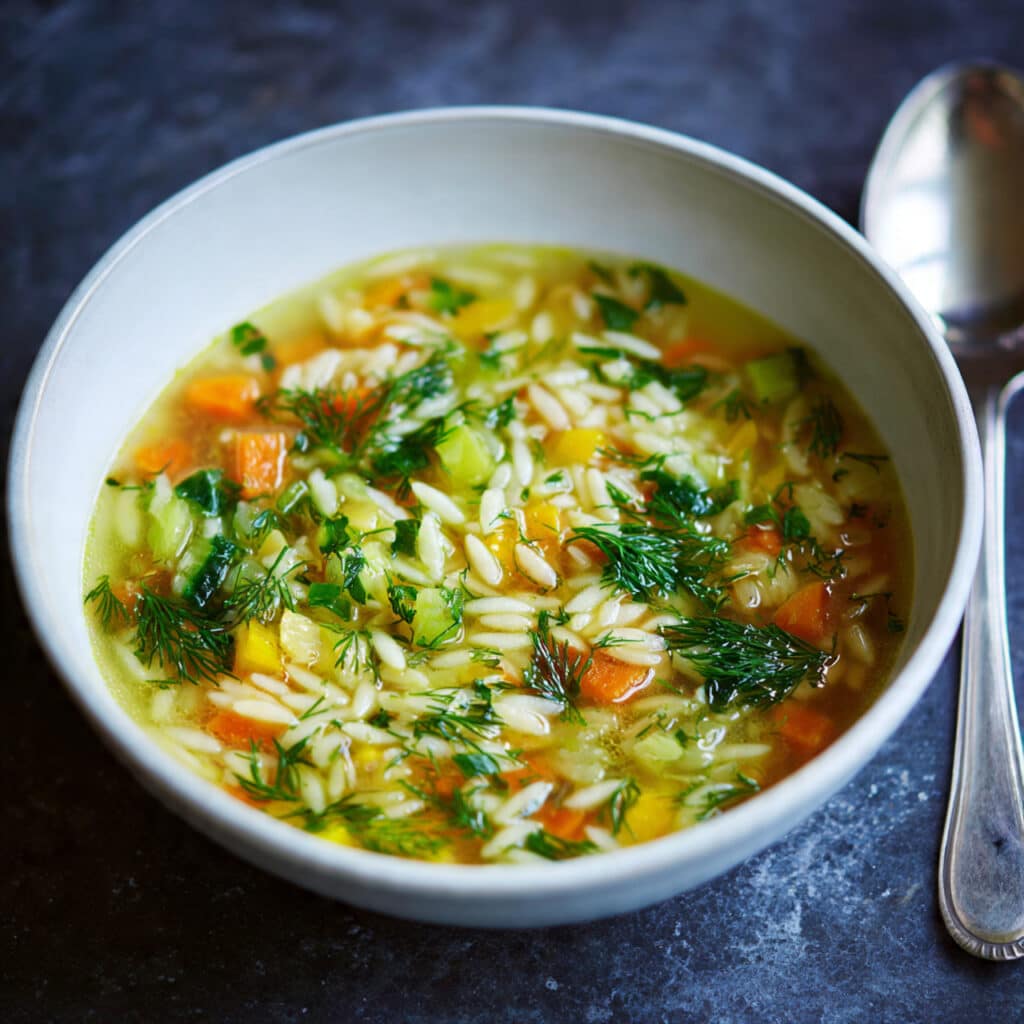 Orzo and Vegetable Soup with Lemon and Dill