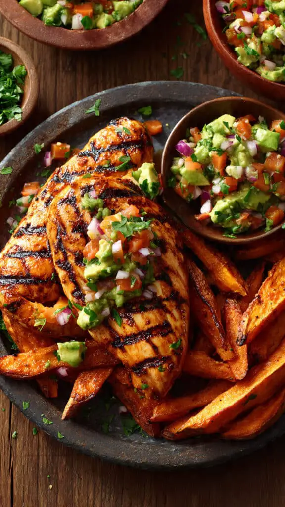Grilled Chicken with Sweet Potato Fries and Avocado Salsa