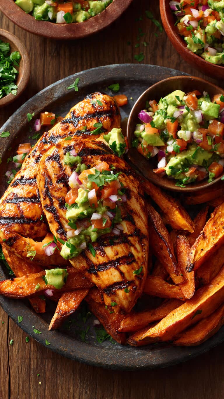 Grilled Chicken with Sweet Potato Fries and Avocado Salsa