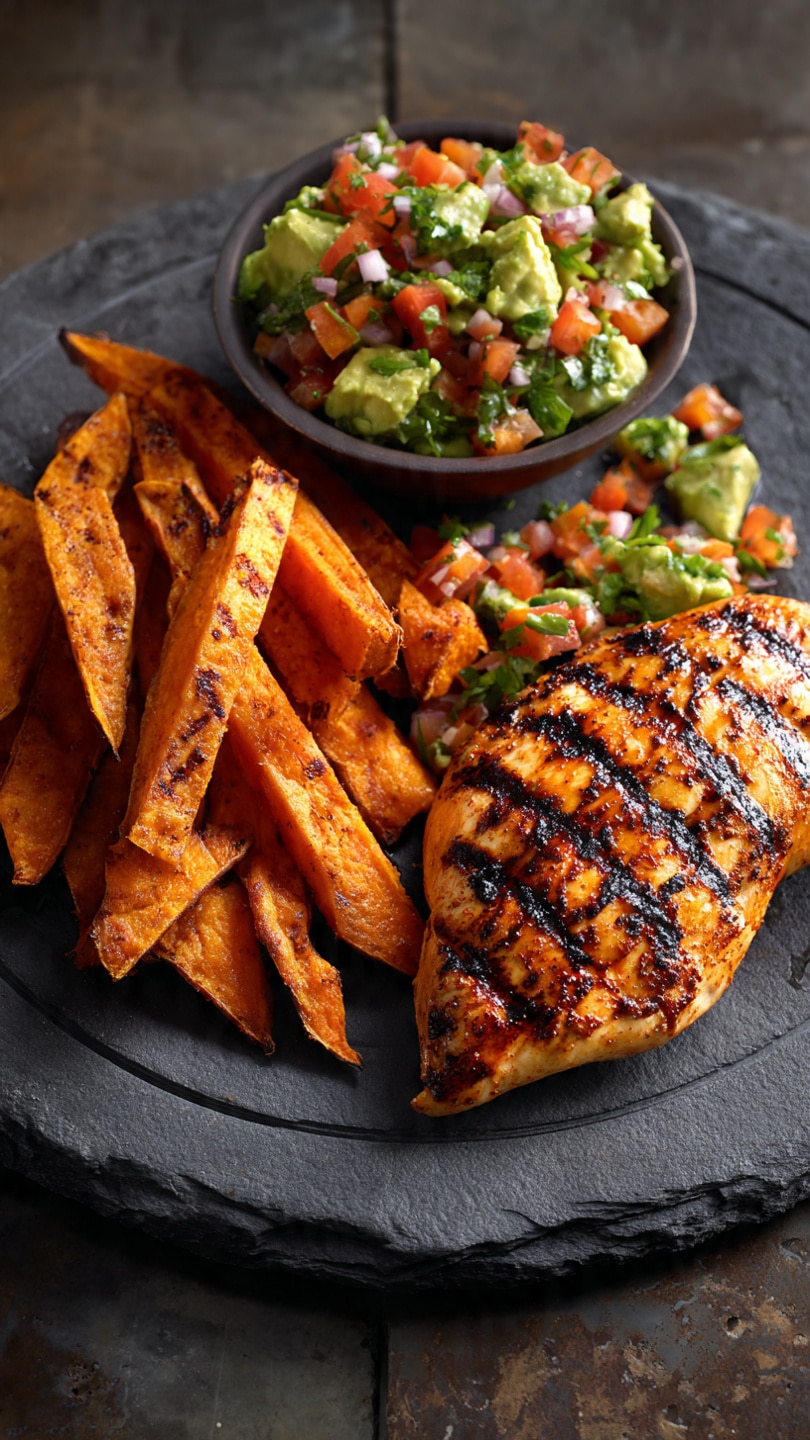 Grilled Chicken with Sweet Potato Fries and Avocado Salsa