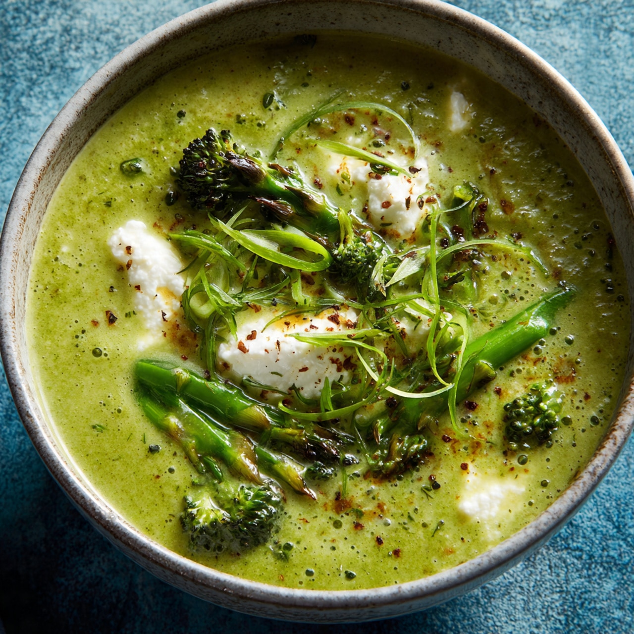 Creamy Broccoli Asparagus Soup with Goat Cheese