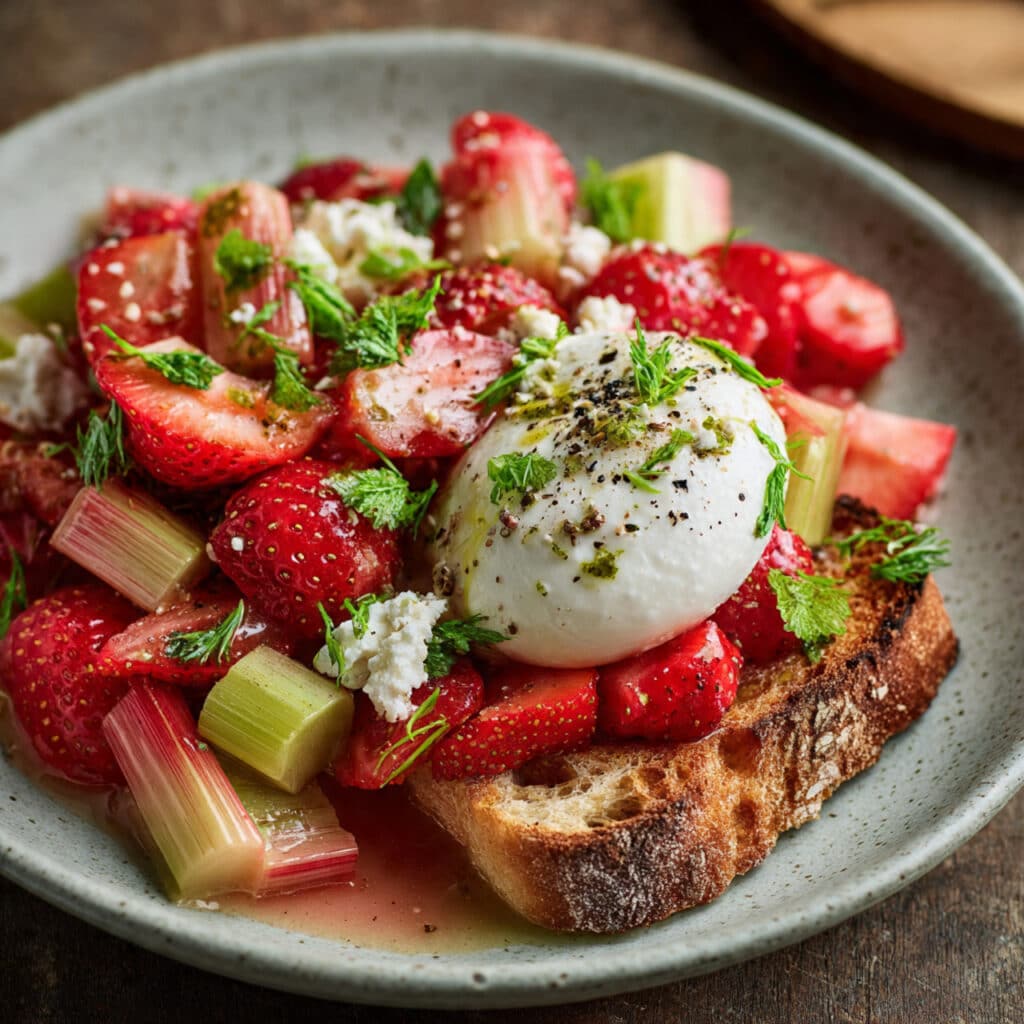 Pickled Rhubarb & Strawberry Salad with Burrata and Toast