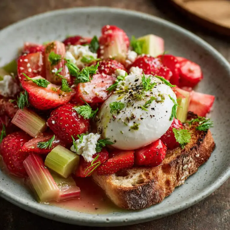 Pickled Rhubarb & Strawberry Salad with Burrata and Toast