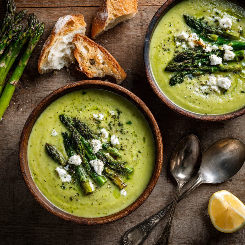 Creamy Broccoli Asparagus Soup with Goat Cheese