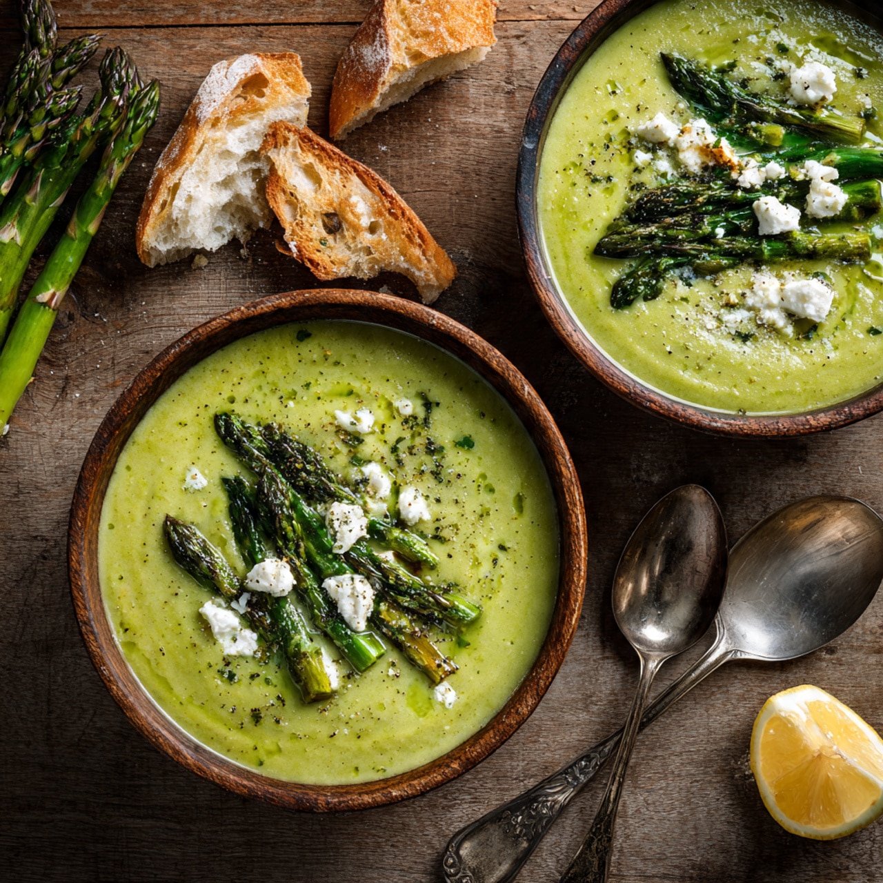 Creamy Broccoli Asparagus Soup with Goat Cheese