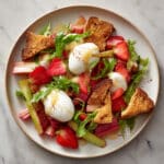 Pickled Rhubarb & Strawberry Salad with Burrata and Toast