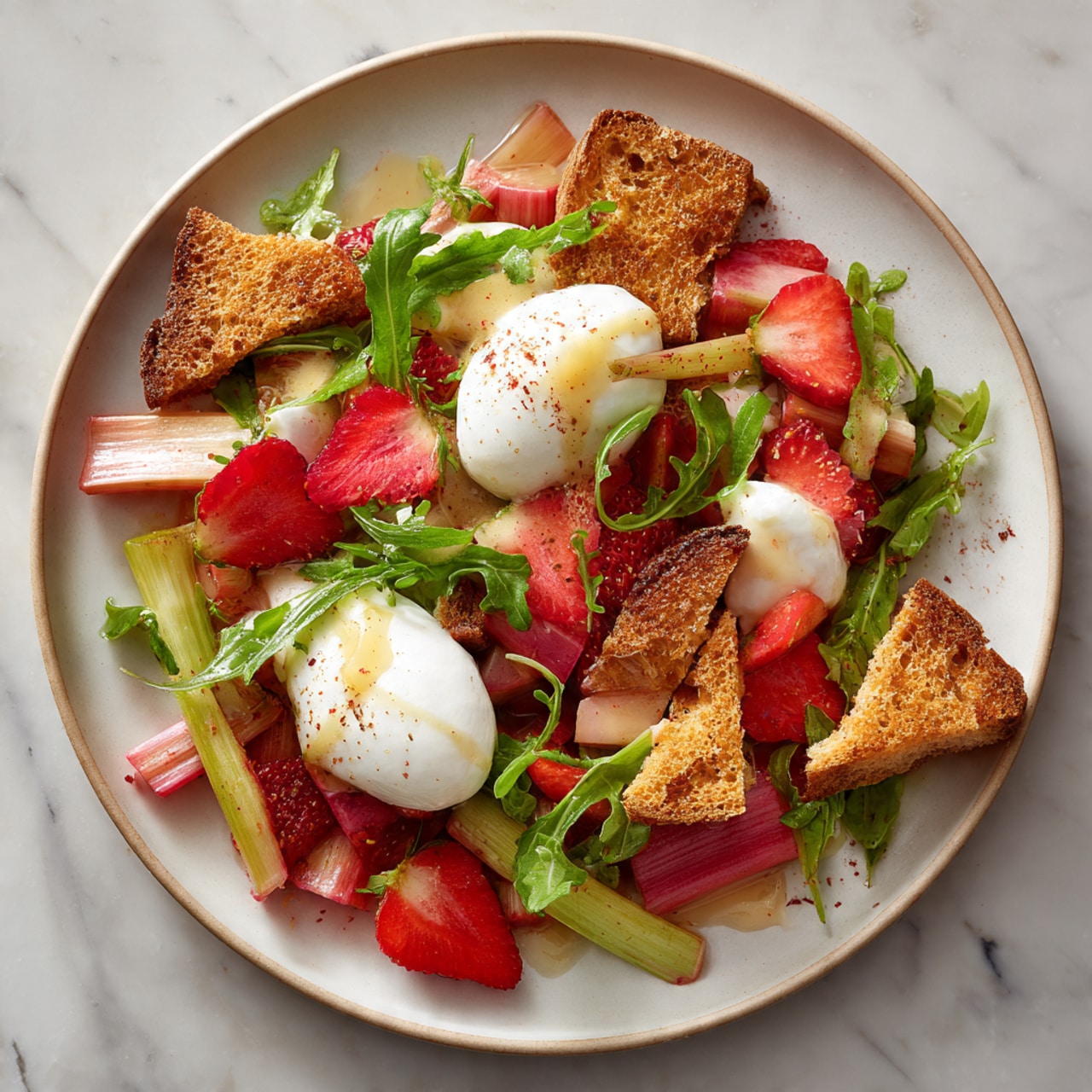 Pickled Rhubarb & Strawberry Salad with Burrata and Toast
