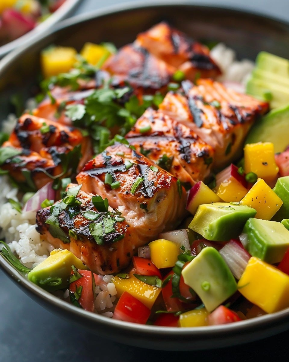 BBQ Salmon Bowls with Mango Avocado Salsa