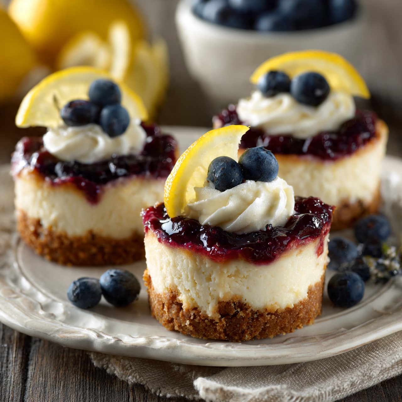 Juicy Mini Lemon Blueberry Cheesecakes