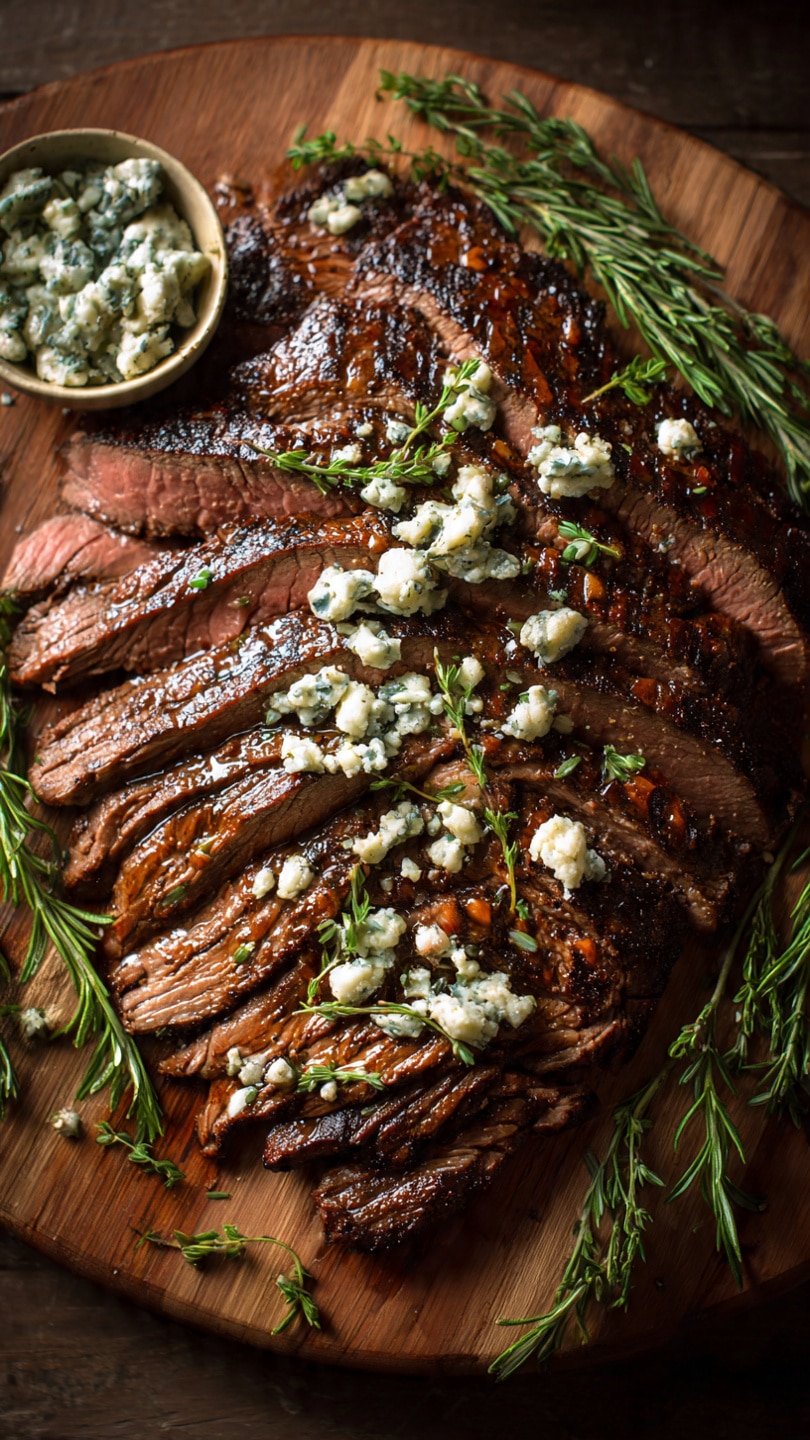 Balsamic Marinated Flank Steak with Blue Cheese Crust