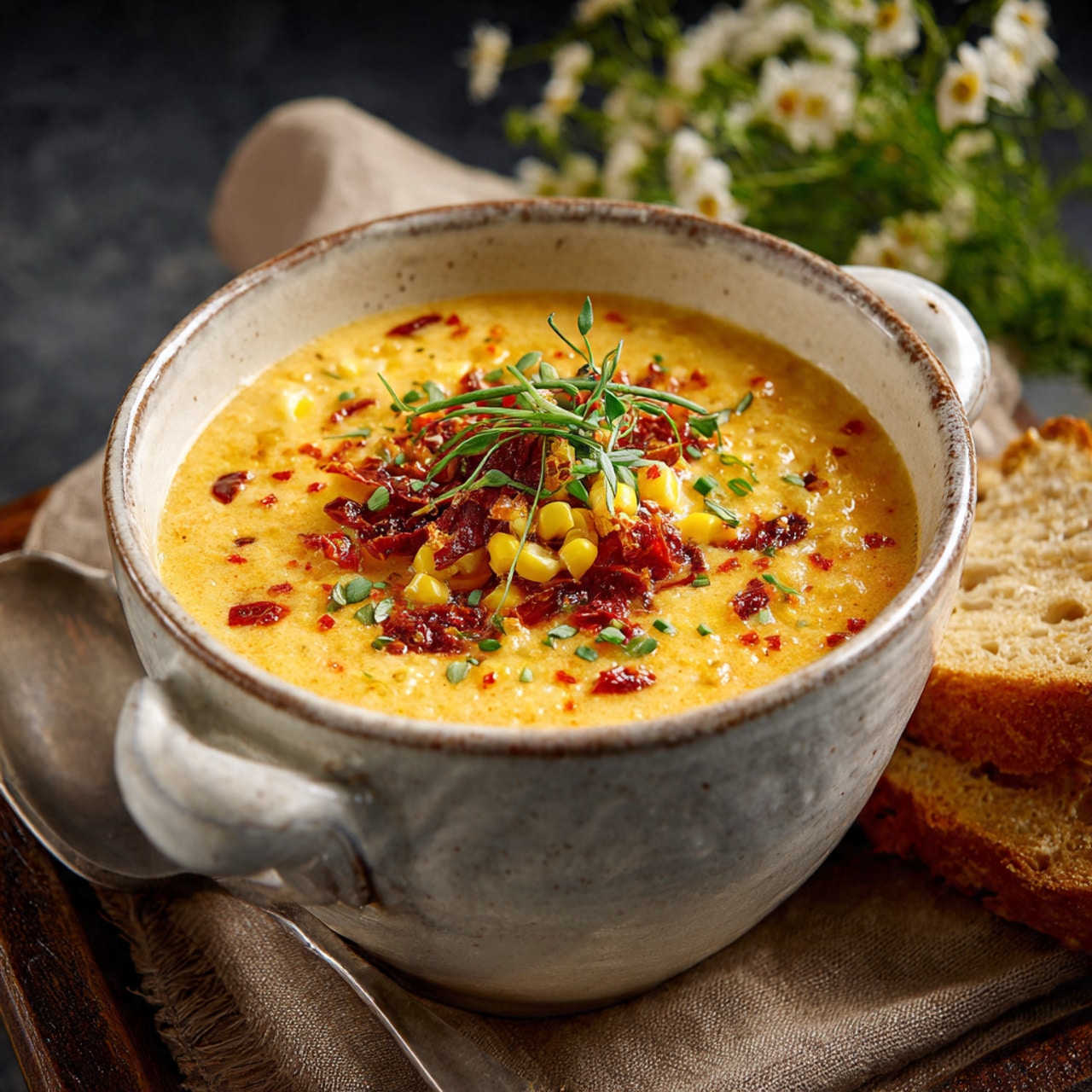 Sun Dried Tomato Corn Chowder with Crispy Goat Cheese Croutons