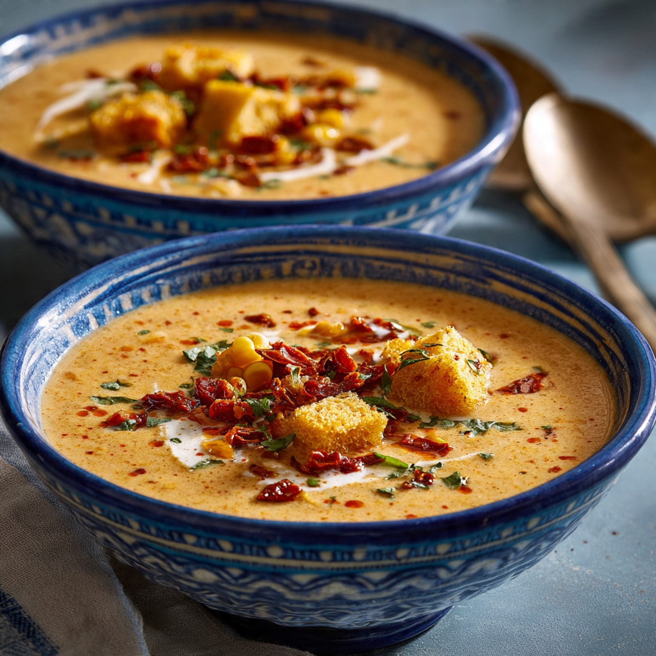 Sun Dried Tomato Corn Chowder with Crispy Goat Cheese Croutons