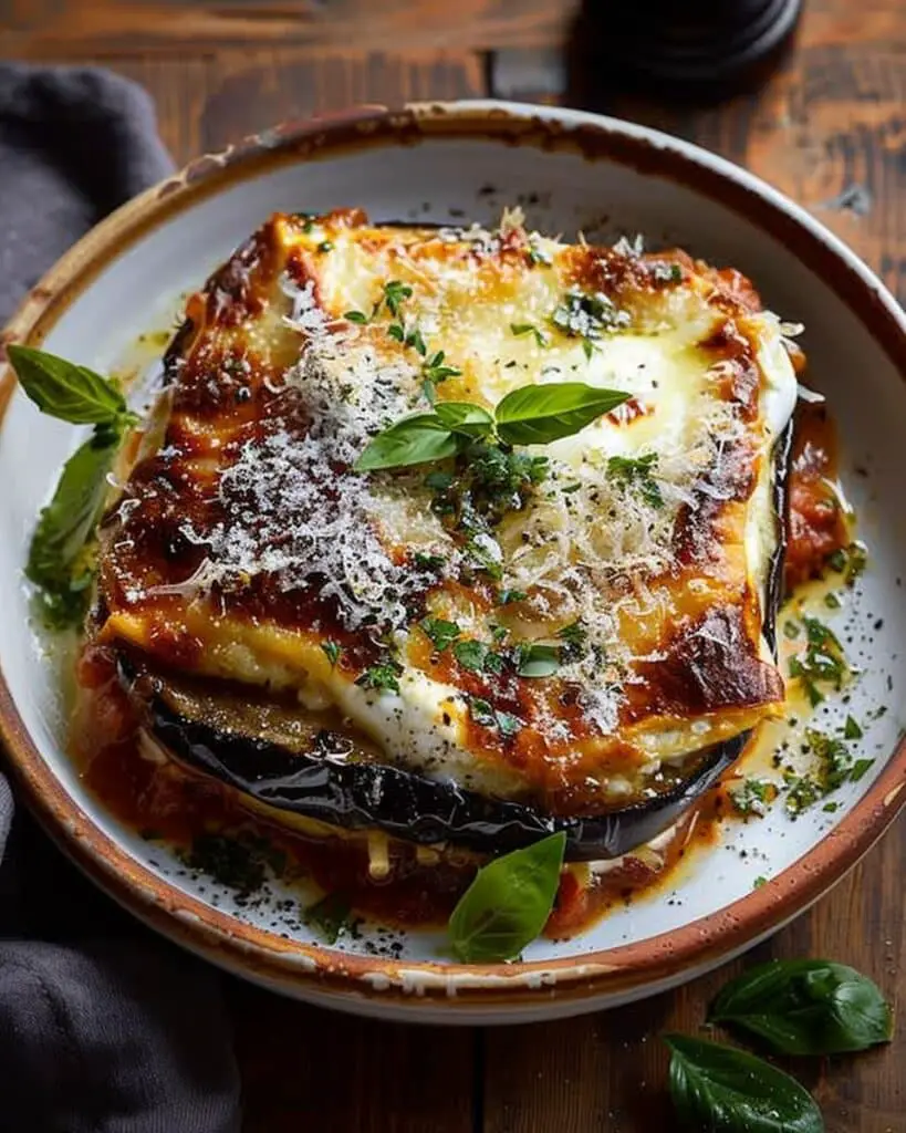 Burrata Eggplant Parmigiana with Caramelized Onions & Parmesan Cream