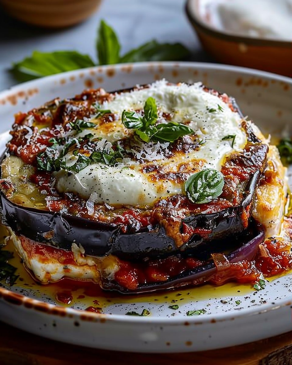 Burrata Eggplant Parmigiana with Caramelized Onions & Parmesan Cream