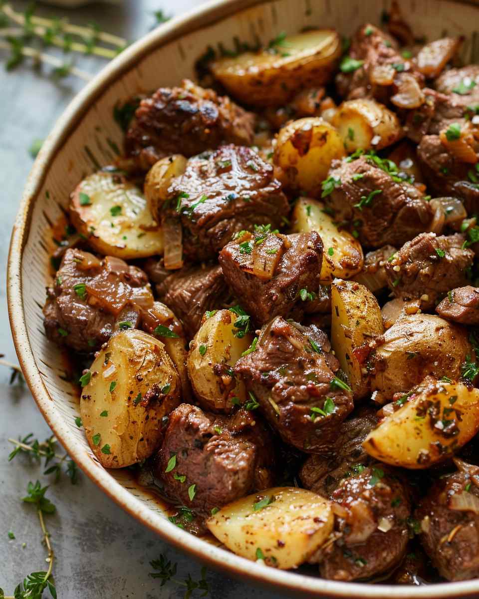 Slow Cooker Garlic Butter Beef Bites with Potatoes