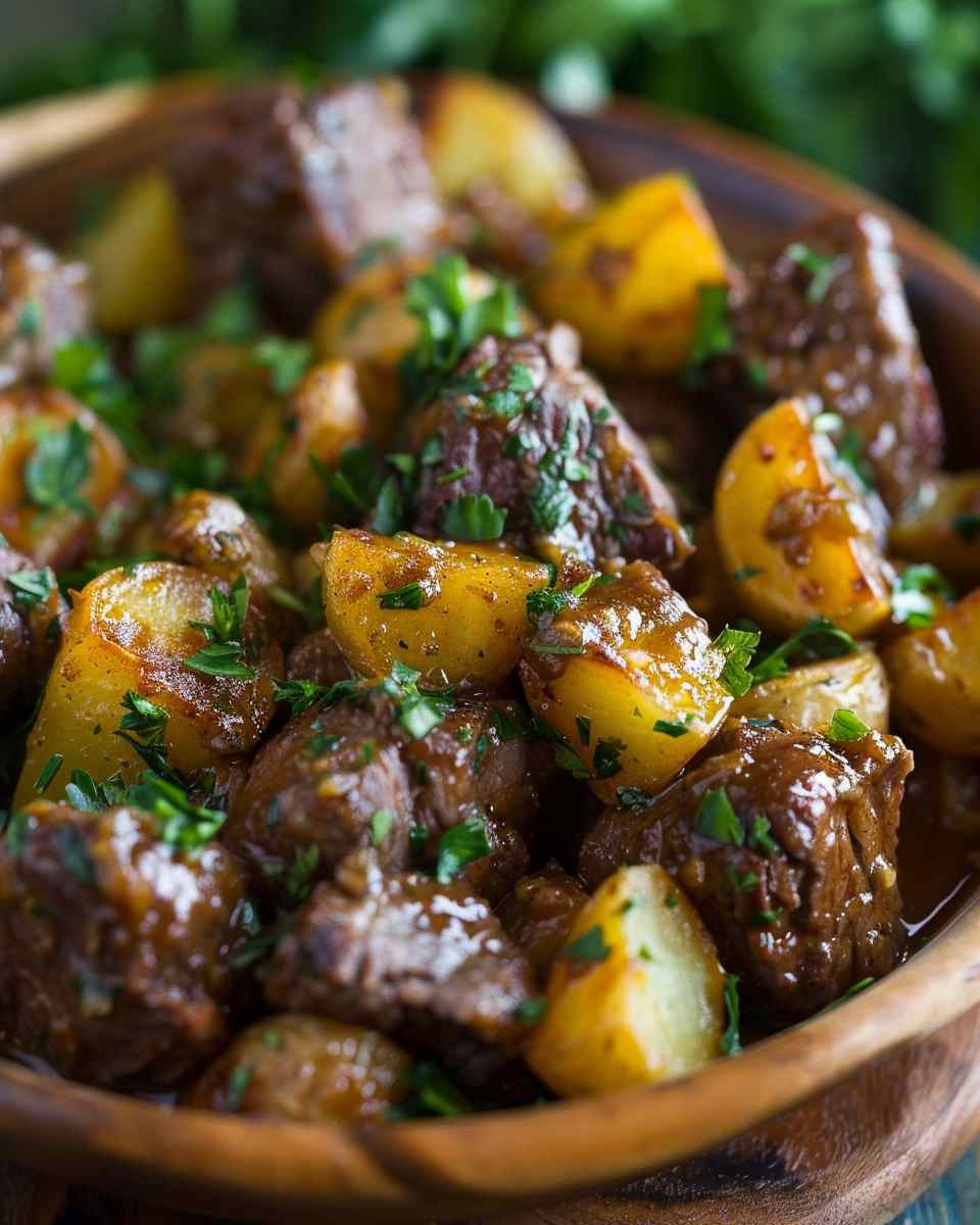 Slow Cooker Garlic Butter Beef Bites with Potatoes