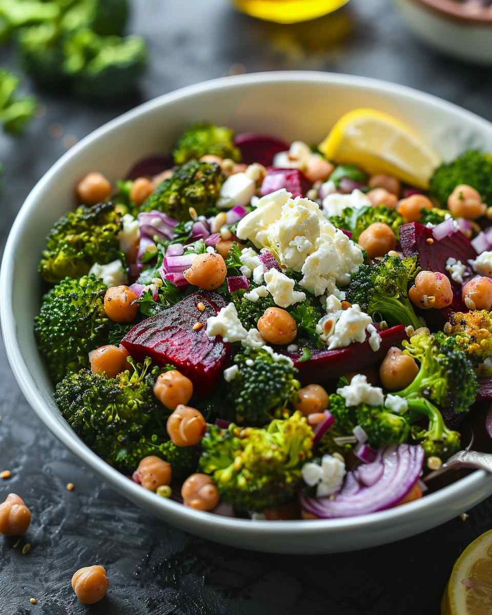 Roasted Broccoli, Chickpea & Beet Salad with Feta