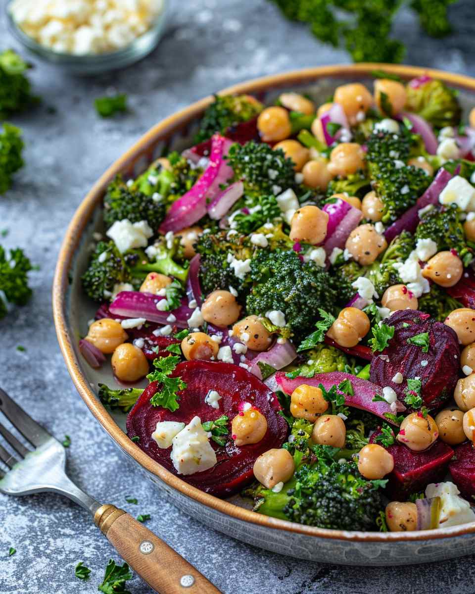 Roasted Broccoli, Chickpea & Beet Salad with Feta