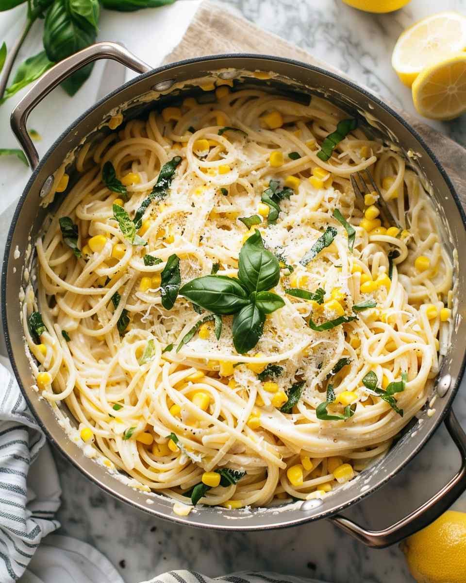 One Pot Lemon Basil, Corn, and Ricotta Pasta
