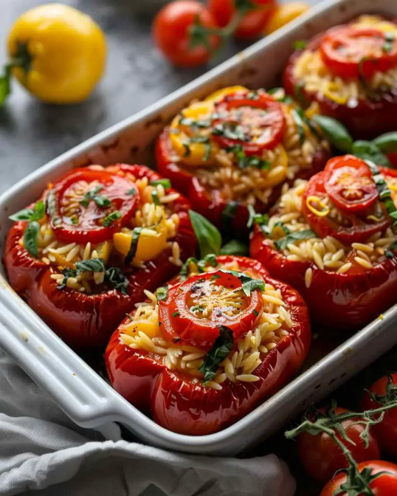 Greek Orzo Stuffed Red Peppers with Lemony Basil Tomatoes