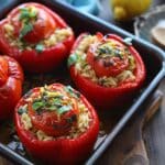 Greek Orzo Stuffed Red Peppers with Lemony Basil Tomatoes