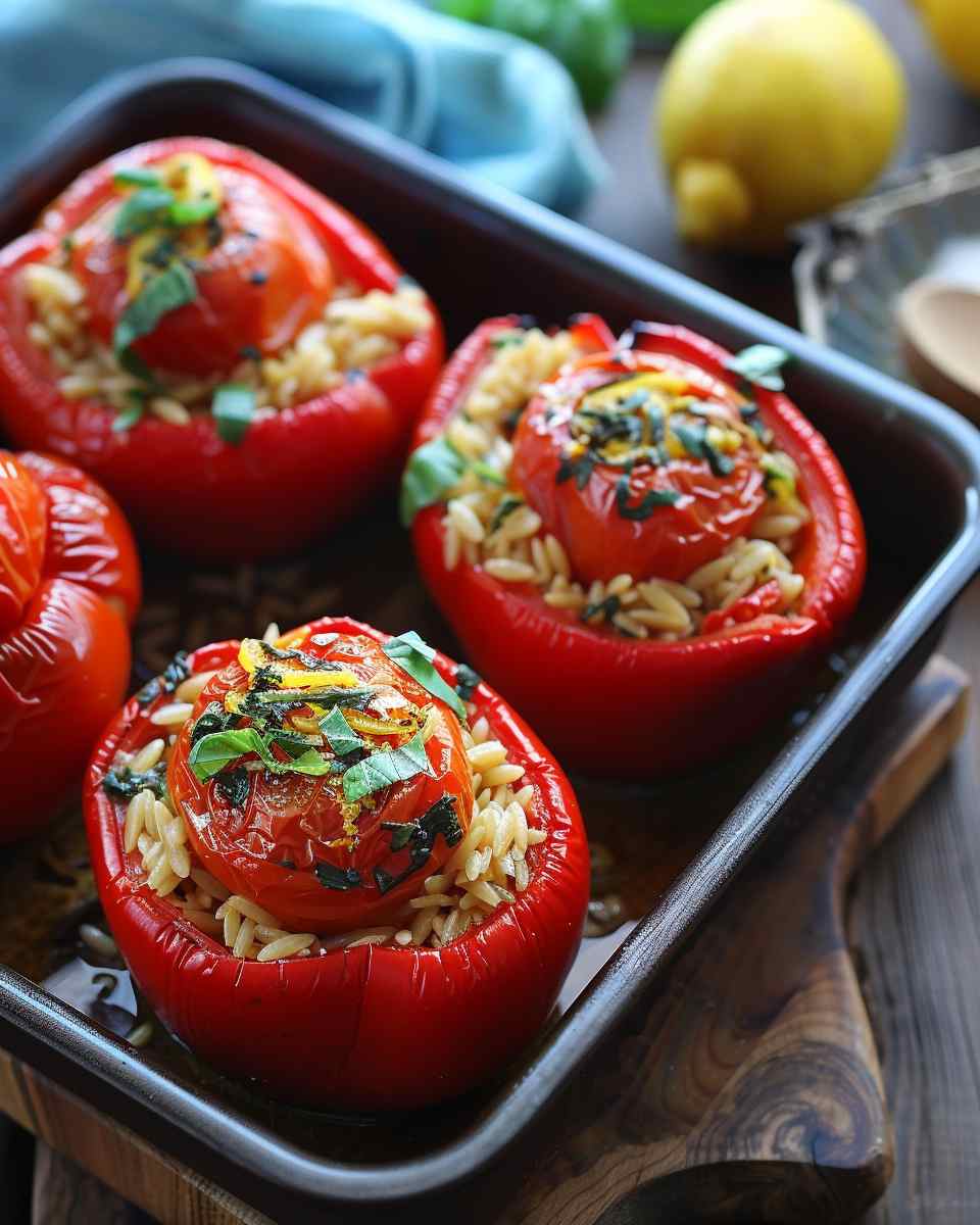 Greek Orzo Stuffed Red Peppers with Lemony Basil Tomatoes