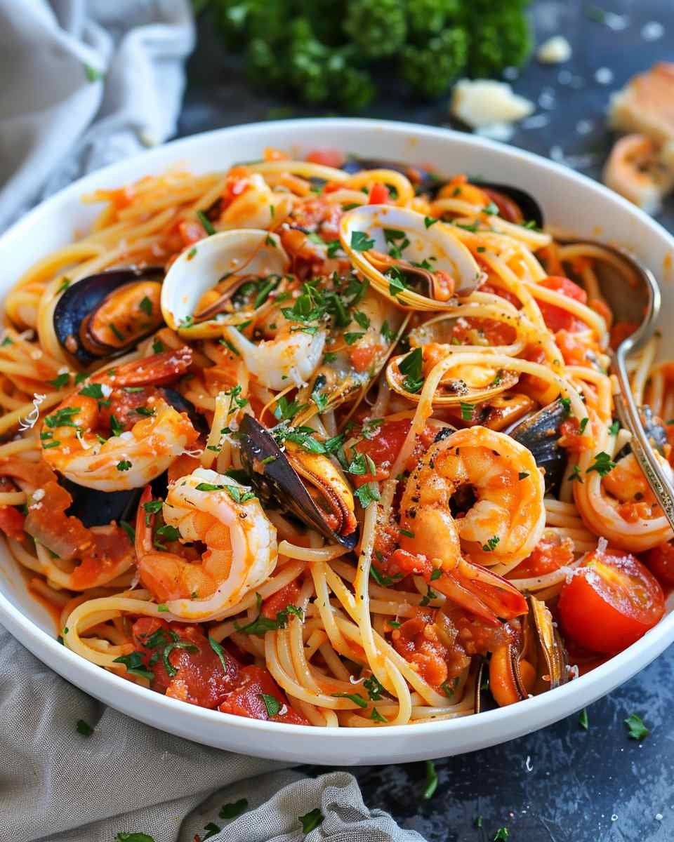 Simple Mixed Seafood Tomato Marinara Pasta
