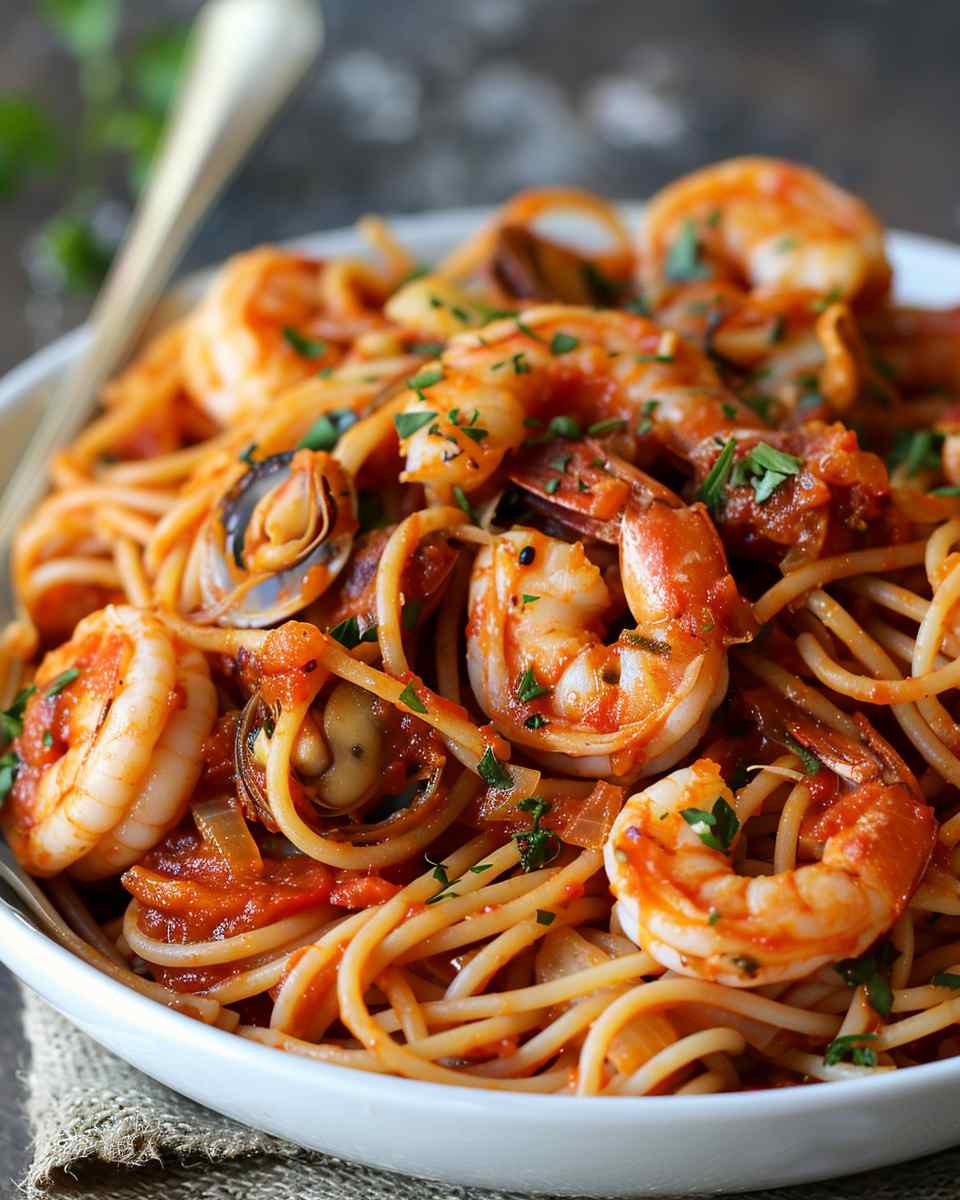 Simple Mixed Seafood Tomato Marinara Pasta