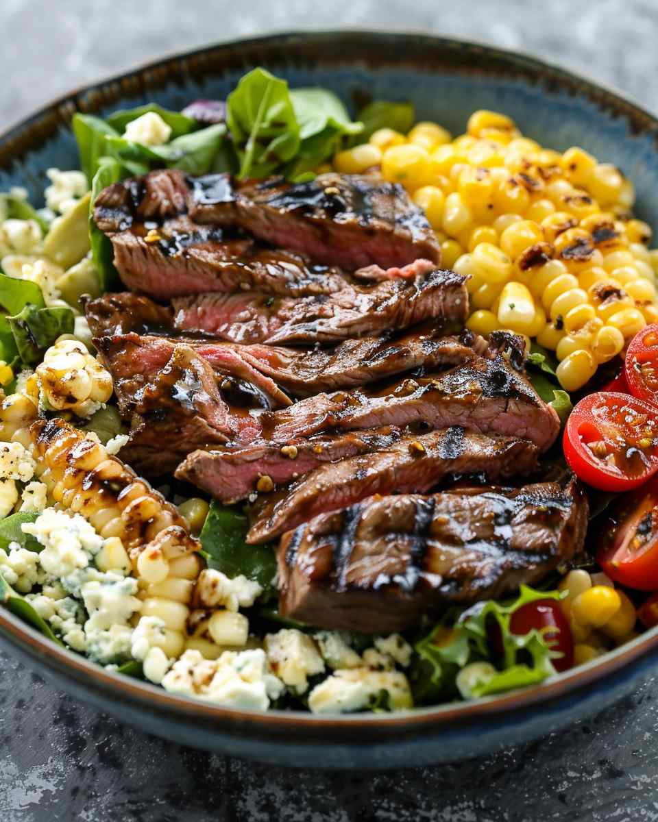 Balsamic Steak Gorgonzola Salad with Grilled Corn