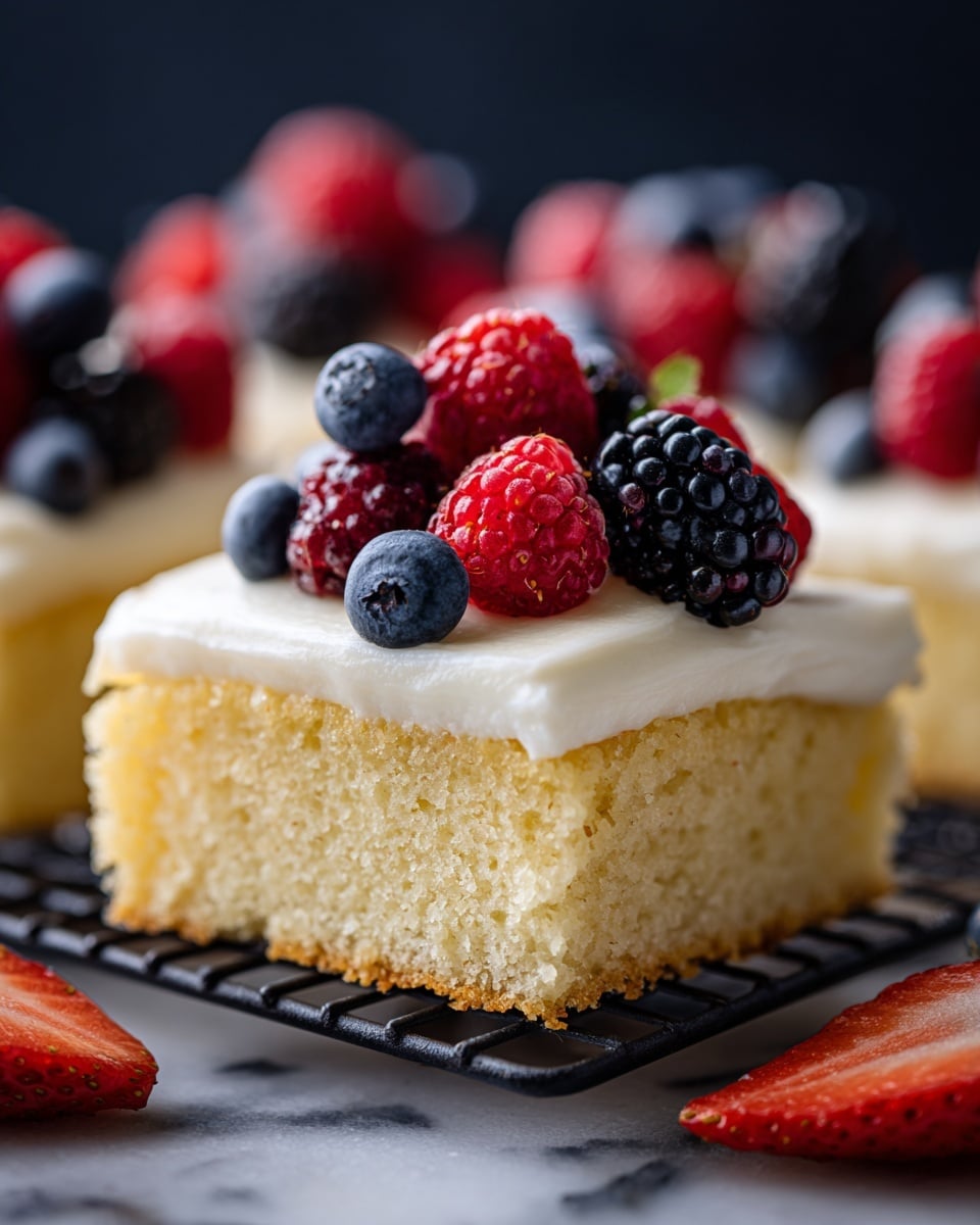 A close-up of a square piece of light brown cake with a thick layer of white cream on top, decorated with fresh red raspberries, blackberries, and dark blue blueberries scattered evenly over the cream; the cake sits on a cooling rack over a white marbled surface. Nearby are a white cup filled with blackberries, a halved strawberry, and scattered blueberries and blackberries. The overall scene is bright and clean, focusing on the moist texture of the cake and vibrant colors of the berries. photo taken with an iphone --ar 4:5 --v 7